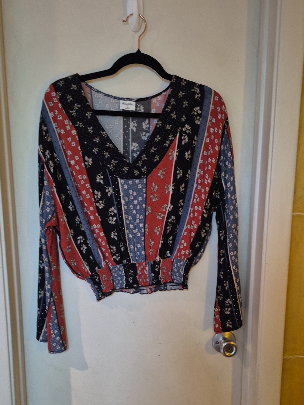 Boho Floral Patchwork V-Neck Long Sleeve Top in Black, Red & Blue